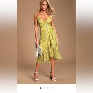 Alexandria yellow floral print midi wrap. Medium size
